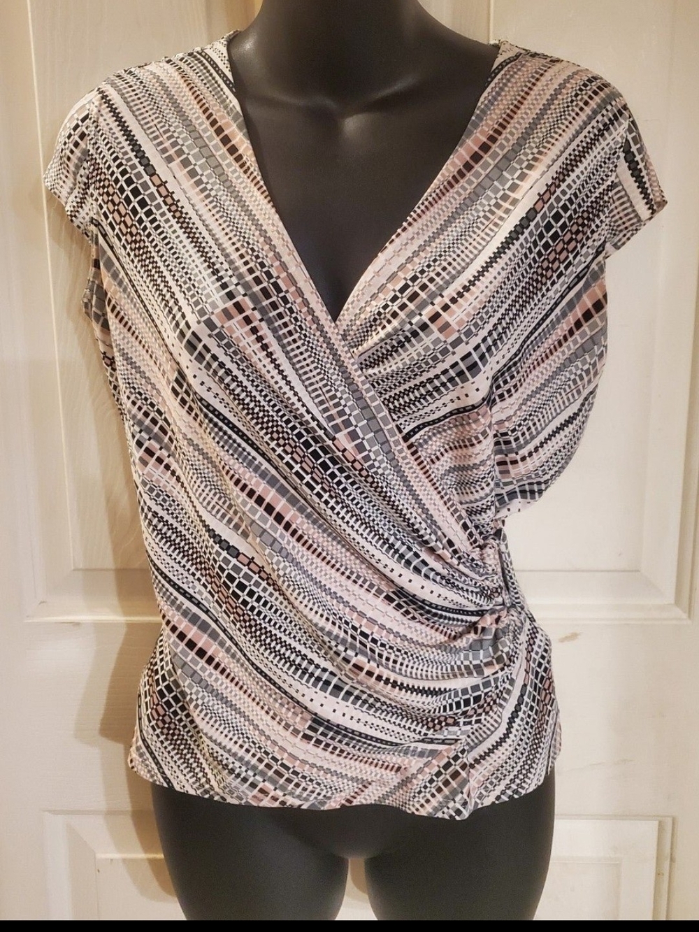 Surplice Wrap Blouse in Black, Gray & Blush